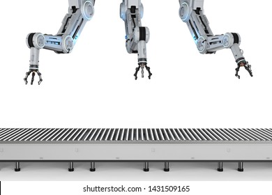 Automation factory concept with 3d rendering robot assembly line with empty conveyor belt