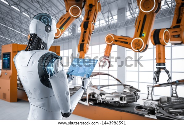 Automation factory concept with 3d rendering\
cyborg with tablet in\
factory