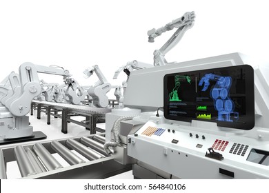 automation industry with 3d rendering monitor screen with robotic arms