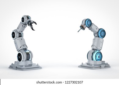 Automation industry concept with 3d rendering robot arms on white background