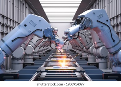 Automation industry concept with 3d rendering robot assembly line in  factory