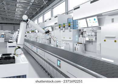 Automation industry concept with 3d rendering robot assembly line and empty conveyor belt in  factory