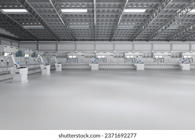 Automation industry concept with 3d rendering robot assembly line in  factory