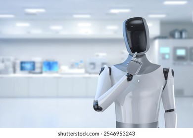 Automation laboratory concept with 3d rendering humanoid robot in white futuristic laboratory
