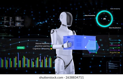 Automation warehouse with 3d rendering assistant robot work in warehouse with digital graphic display
