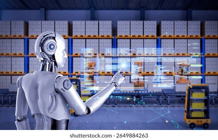 Automation warehouse with 3d rendering assistant robot work in warehouse with digital graphic display