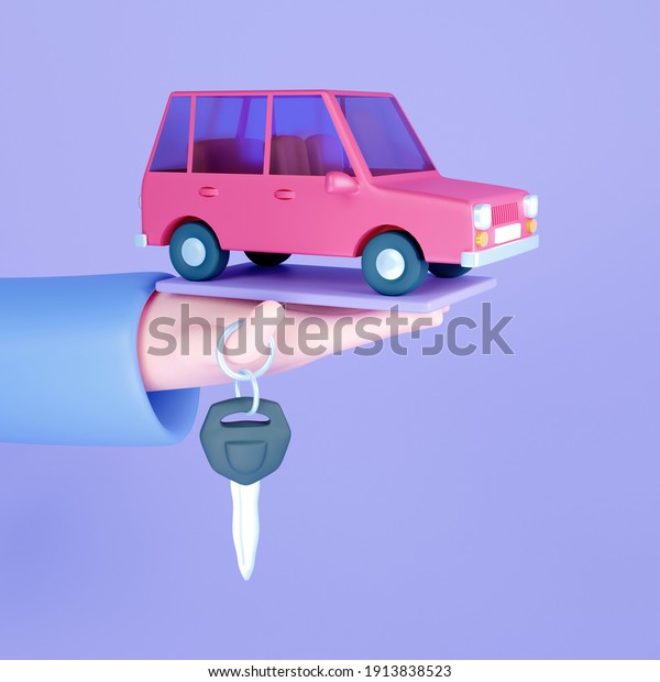 Automobile dealer, buy or rent car. Hand\
hold car keys. Modern 3D\
illustration