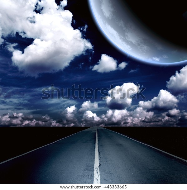 Automobile headlights illuminated the\
road in the field. Night landscape with road, clouds and the\
planet. Element of this image furnished by NASA. 3d\
render