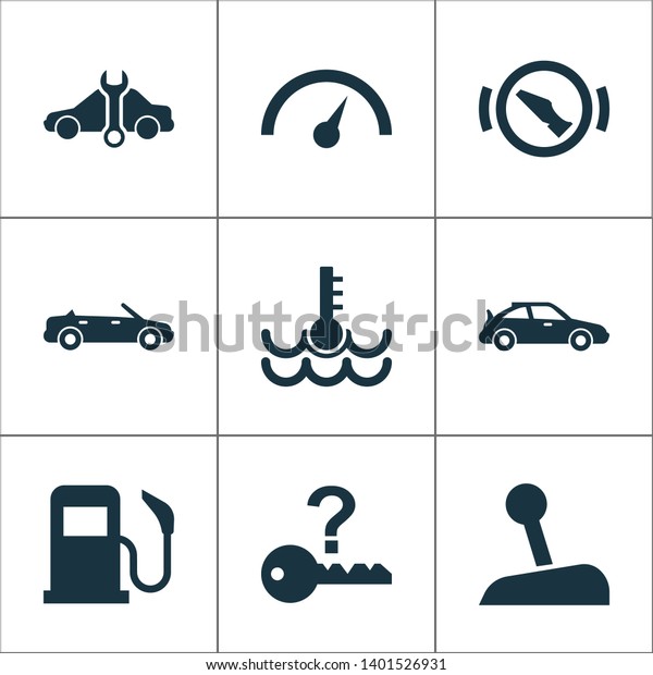 Automobile icons set with sports automobile, not\
key, temperature and other press brake pedal elements. Isolated \
illustration automobile\
icons.