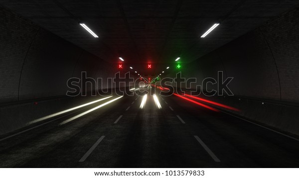 Automobile Light\
trails in dark tunnel 3D\
rendering