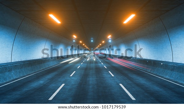 Automobile Light trails in tunnel with motion\
blur 3D\
rendering