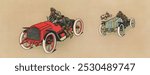 Automobile race (1907) sports poster. Vintage car race art drawing, racing cars, old illustration, car race art print.