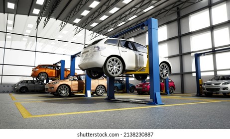 Automobile repair shop or car repair garage interior with cars on the lifts. 3D illustration. - Powered by Shutterstock