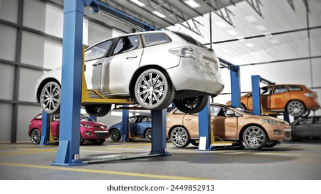 Automobile repair shop or car repair garage interior with cars on the lifts. 3D illustration. - Powered by Shutterstock