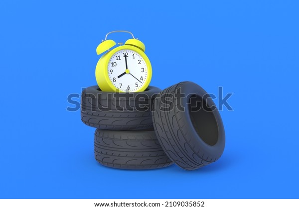 Automobile tires near alarm clock.\
Lifetime and warranty service of auto parts. Fast, seasonal wheel\
changes. Production speed. Limited offer. 3d\
render