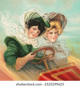 Automobility vintage illustration, Victorian woman drive car. Vintage women driving vintage car art drawing illustration, old automobile painting art. Illustration art of Victorian woman drive car - Powered by Shutterstock