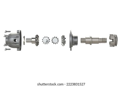 Automotive Differential Gear Box Exploded View 3D Rendering Isolated On White Background