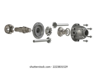 Automotive Differential Gear Box Exploded View 3D Rendering Isolated On White Background