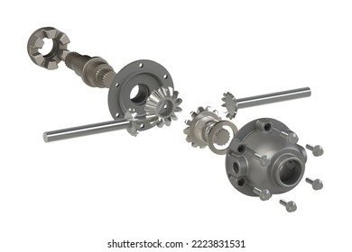 Automotive Differential Gear Box Exploded View 3D Rendering Isolated On White Background