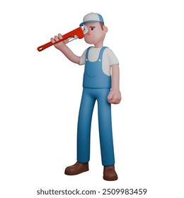 Automotive Expert 3D. A mechanic carefully inspects a pipe wrench. Mechanic Cartoon - Powered by Shutterstock