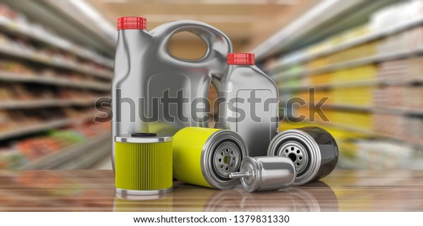 Automotive industry. Car engine oil and fuel\
filters and motor oil canisters against blur warehouse storage\
background. 3d\
illustration
