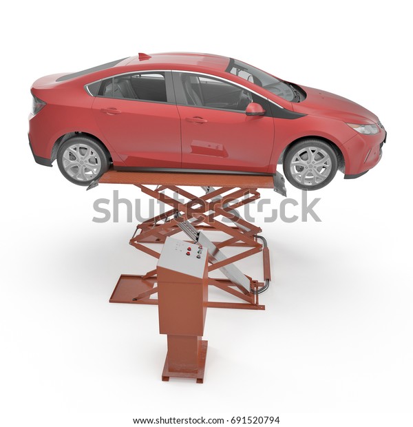 Automotive Scissor Lift and Car on white. 3D\
illustration, clipping\
path