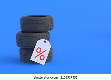 Automotive tyres near label with percent symbol. Special offer. Hot discounts. Sale of high quality car parts. Promotion, reduction of prices for tire fitting. Copy space. 3d render - Powered by Shutterstock