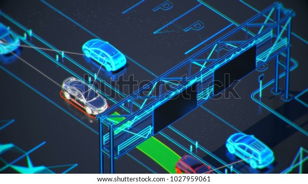 autonome transportation system concept,\
smart city, Internet of things, vehicle to vehicle, vehicle to\
infrastructure, vehicle to pedestrian, abstract image visual 3d\
illustration