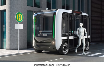 Autonomous bus with passenger exiting on bus stop normal perspective with empty sign 3d illustration