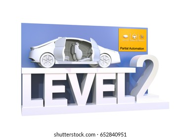 Autonomous Car Classification Of Level 2. 3D Rendering Image.