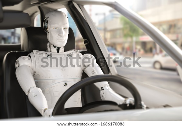 Autonomous\
car concept with 3d rendering cyborg drive\
car