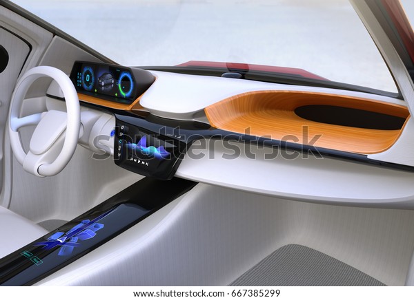 Autonomous car interior concept. The center touch\
screen display music playlist, and navigation map on driver side\
screen. 3D rendering\
image.