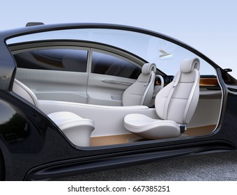 Autonomous Car Interior Concept. Front Seats Turned Around And Passengers Can Relaxing Or Working When They Driving.  3D Rendering Image.