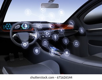 Autonomous Car Interior. Connected Car Icons. Internet Of Things Concept. 3D Rendering Image.