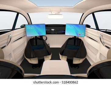 Autonomous car interior design. Concept for new business work style when moving on the road. 3D rendering image. Original design.