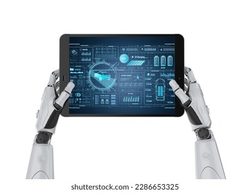 Autonomous car maintenance with 3d rendering engineer or technician robot hold digital tablet with electric car user interface - Powered by Shutterstock