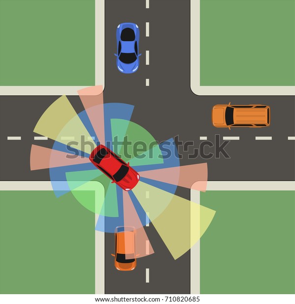 Autonomous\
car top view. Self driving vehicle with radar sensing system.\
Driverless automobile on road. Raster\
version.