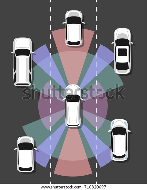 Autonomous\
car top view. Self driving vehicle with radar sensing system.\
Driverless automobile on road. Raster\
version.