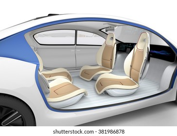 Autonomous Car's Interior Concept. The Car Offer Folding Steering Wheel, Rotatable Passenger Seat. Original Design. 