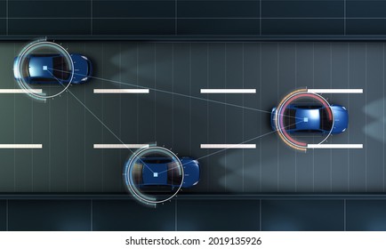 Autonomous cars on a road with visible connection, 3d Rendering