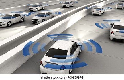 Autonomous cars on a road with visible connection 3d Rendering