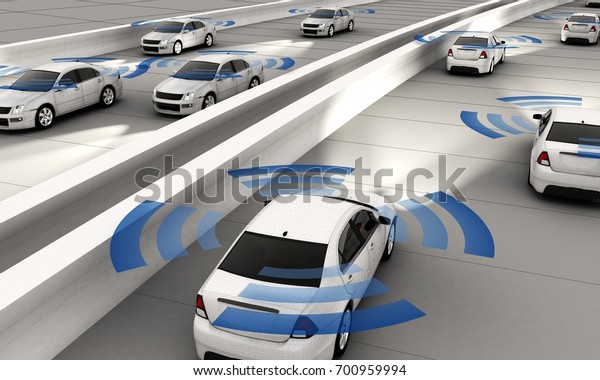Autonomous cars on a road with visible\
connection 3d\
Rendering