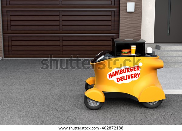 Autonomous delivery\
robot car in front of the garage with copy space on the left.\
\