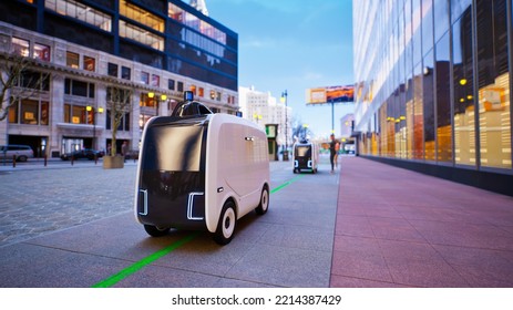 Autonomous delivery robot driverless on street, Smart vehicle technology concept, 3d render