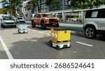 An autonomous delivery robot navigating a modern city street, illustrating the future of logistics and last-mile delivery- 3D rendering