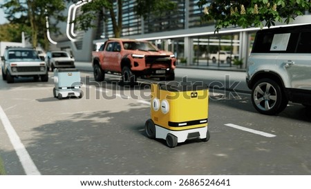 An autonomous delivery robot navigating a modern city street, illustrating the future of logistics and last-mile delivery- 3D rendering