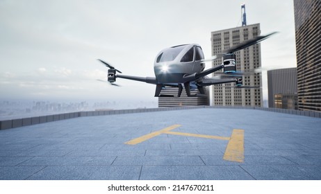 Autonomous Driverless Aerial Vehicle Fly Across City, 3d Render