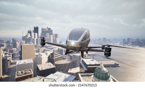 Autonomous Driverless Aerial Vehicle Fly Across City, 3d Render