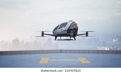 Autonomous Driverless Aerial Vehicle Fly Across City, 3d Render