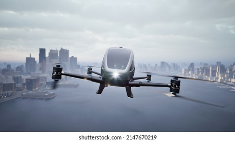 Autonomous Driverless Aerial Vehicle Fly Across City, 3d Render